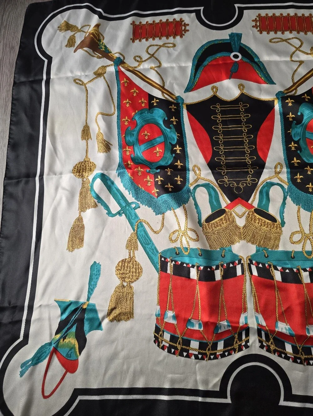 Large Scarf Napoleonic Military Drum Tassel Print Red Teal Black Gold Square 35
